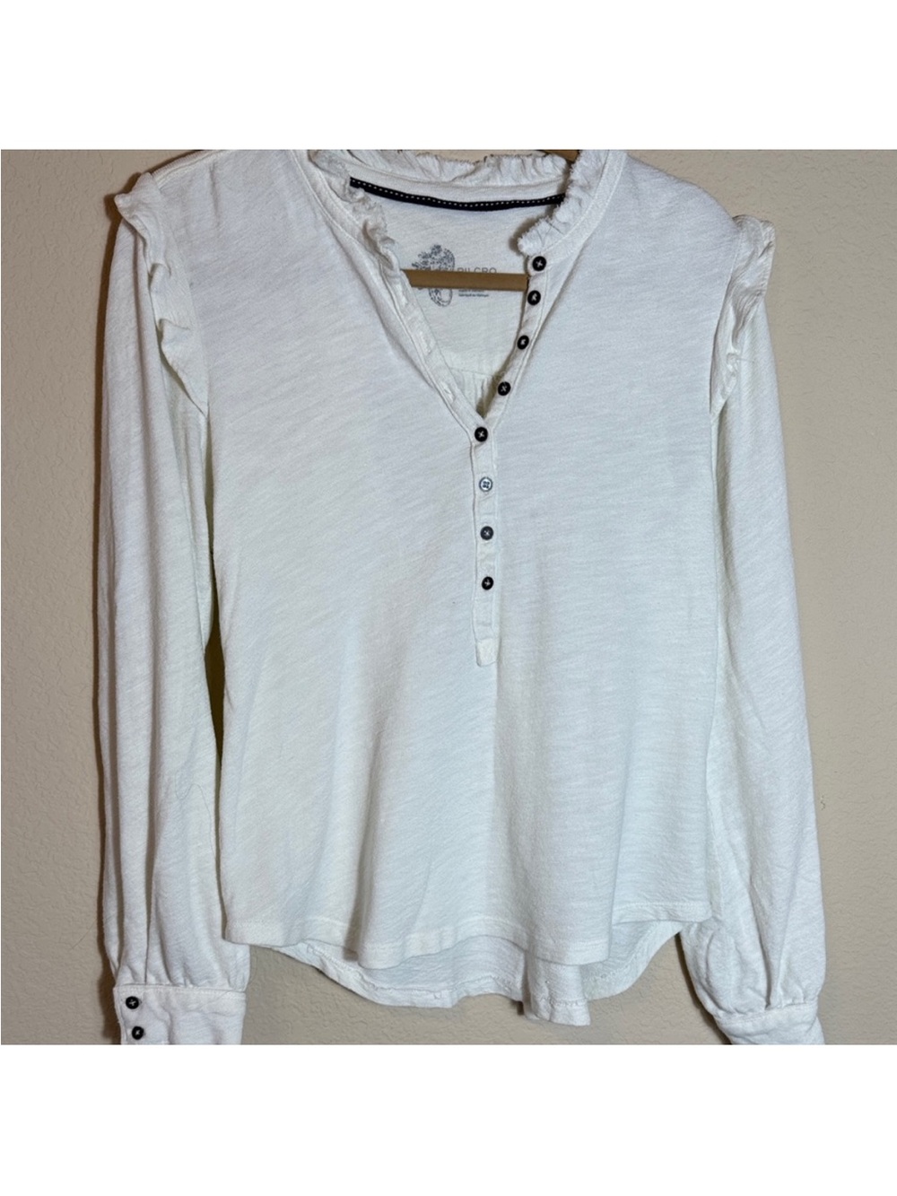 Pilcro Ivory Button-Front Ruffle Shoulder Top - Picture 2 of 11